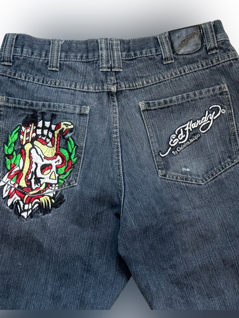 Vtg 2000s Ed Hardy Christian Audigier Blue Denim Jeans Skull Embroidery